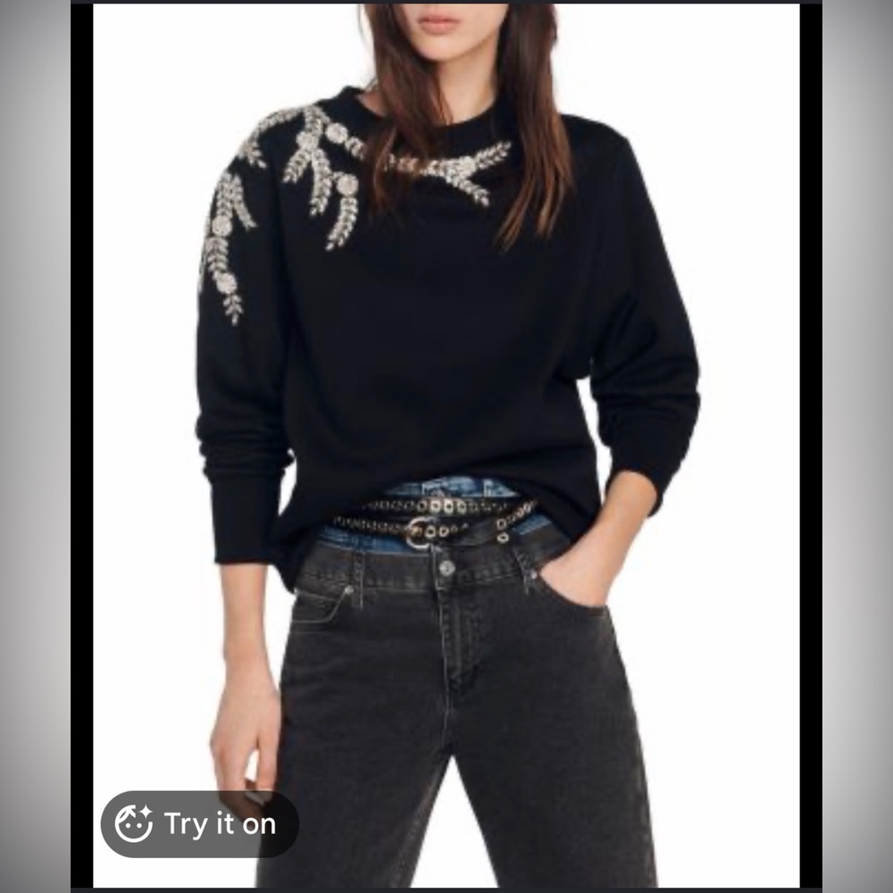 SOLD OUT EVERYWHERE.  SANDRO ANDY Black Jeweled Crewneck Sweatshirt